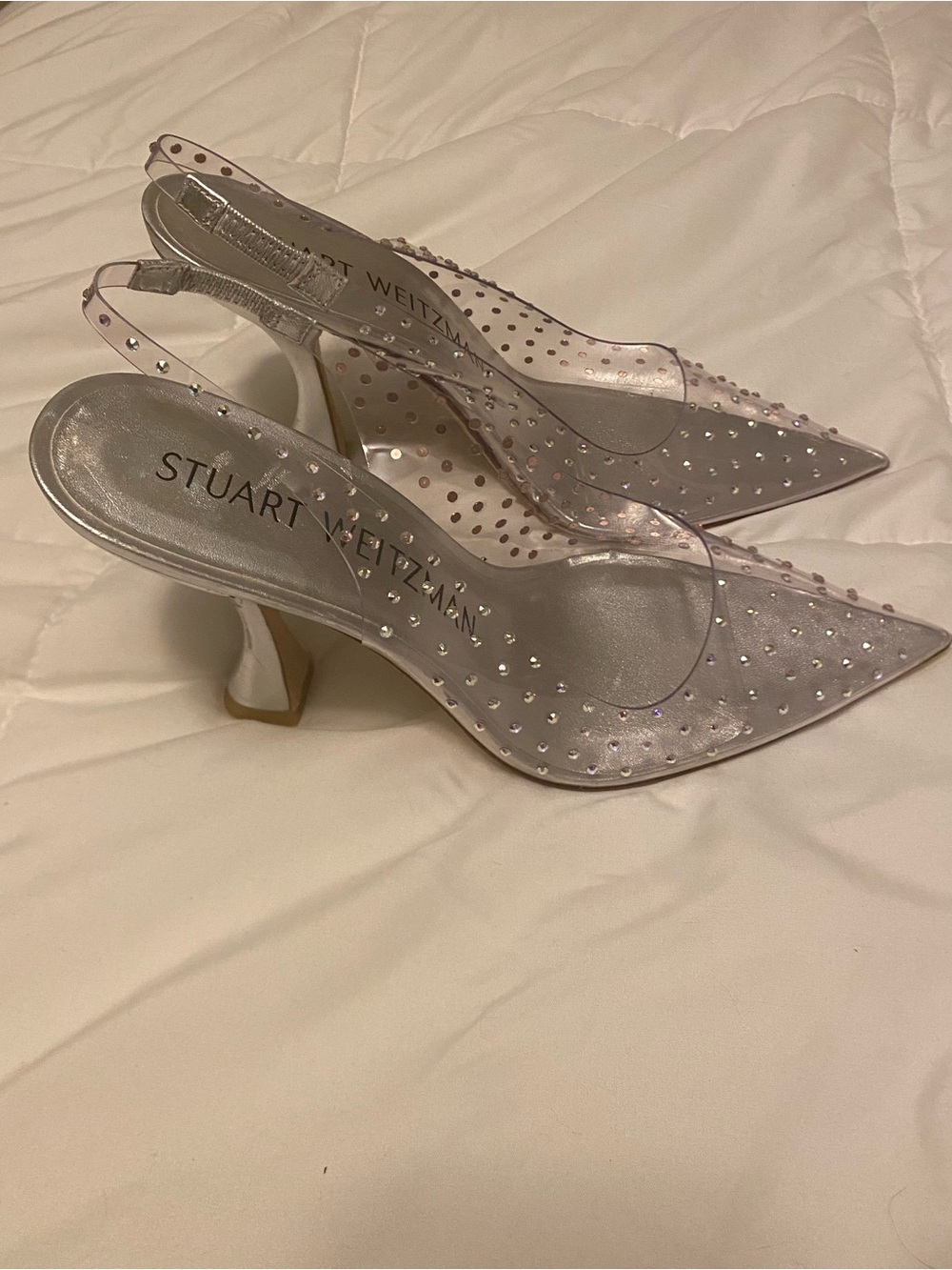 Stuart Weitzman Silver Pointed Slingback Heels with Crystal Studs - Picture 7 of 7